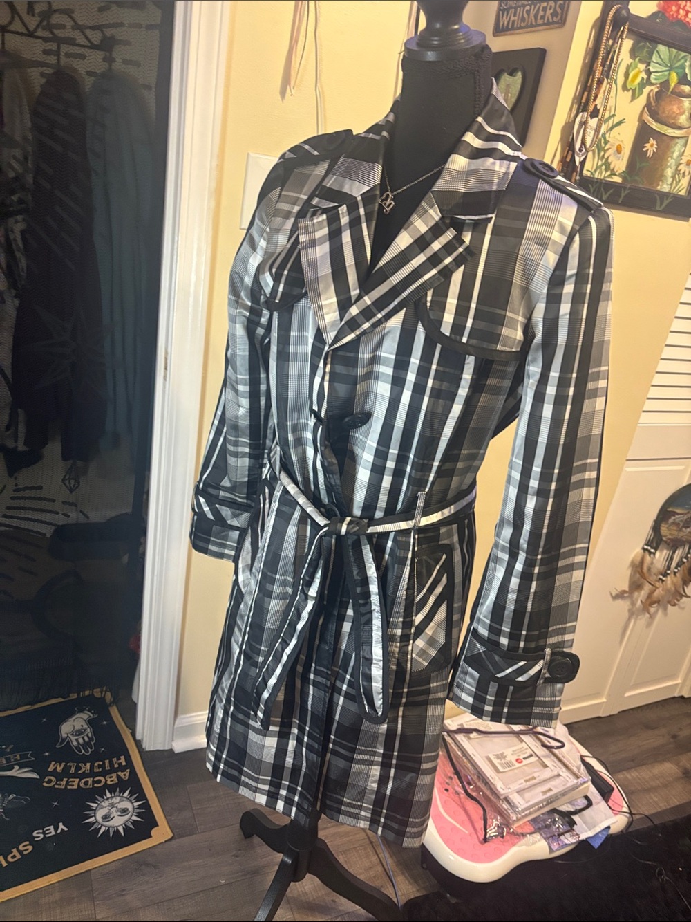 Gallery Black and White Plaid Trench Coat with Belt